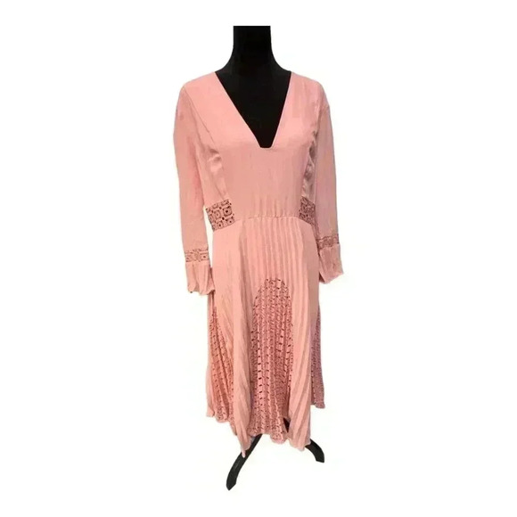 ASOS NWT Rose Pink Lace, Ruffle, Pleating Details Long Sleeve Midi Dress - Picture 14 of 15